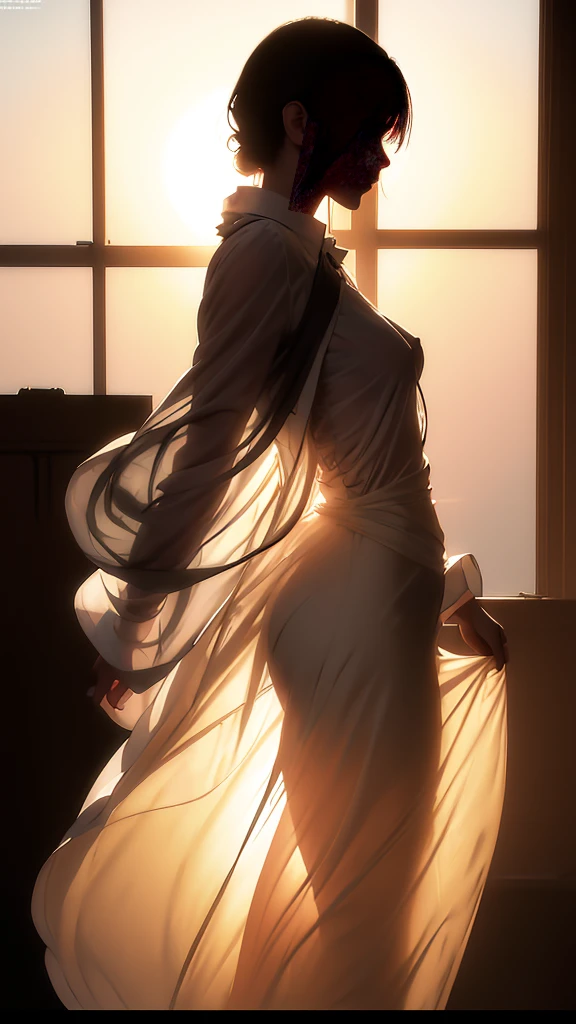 (best quality, masterpiece, high resolution:1.1),Use natural light and color, hyper detail clothes, high detailed anime image, cinematic light, 1 female , (silhouette of body:1.4),(transparent shirt:1.1), against light, erect nipples ,side view、low length、Lean、Small breasts