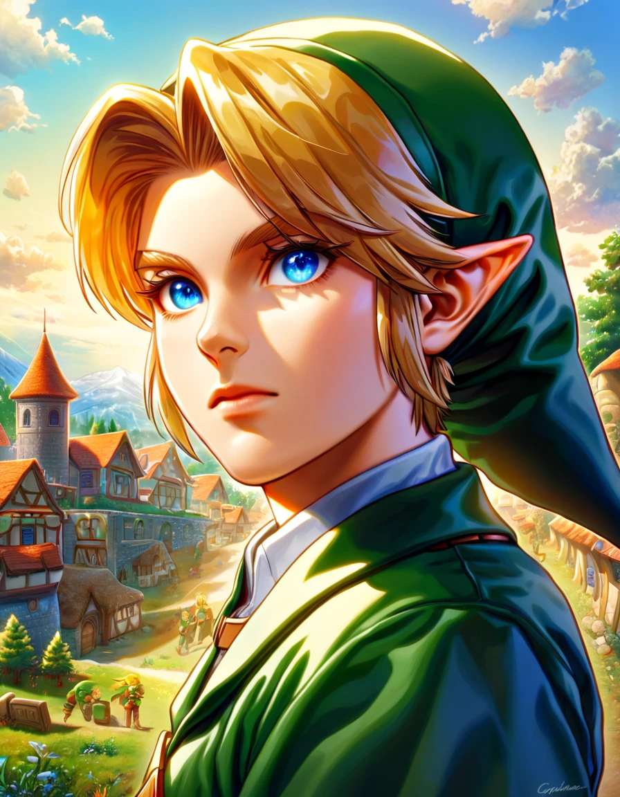 (absurdres, highres, ultra detailed, HDR) master piece, best quality, Link, blonde hair, expressive blue eyes, the legend of zelda ocarina of time, solo, man, handsome, green hat, green tunic, village, trees, sunlight