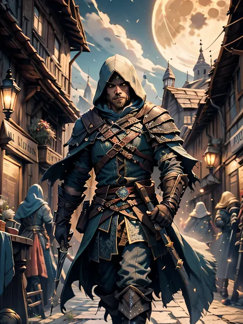 Imagine a scenario reminiscent of Assassin's Creed, where a skilled rogue, clad in a dark hooded cloak, prowls the labyrinthine ...