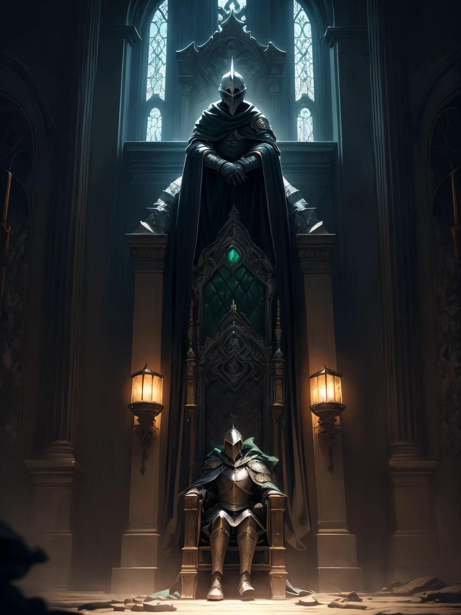 detailed dark fantasy medieval knight, 1 male paladin warrior, highly detailed intricate medieval armor, skull helmet, long cloak, sitting on dark throne in gloomy throne room, glowing green energy emanating from armor, dramatic lighting, photorealistic, cinematic, epic scale, dark fantasy art style, moody colors