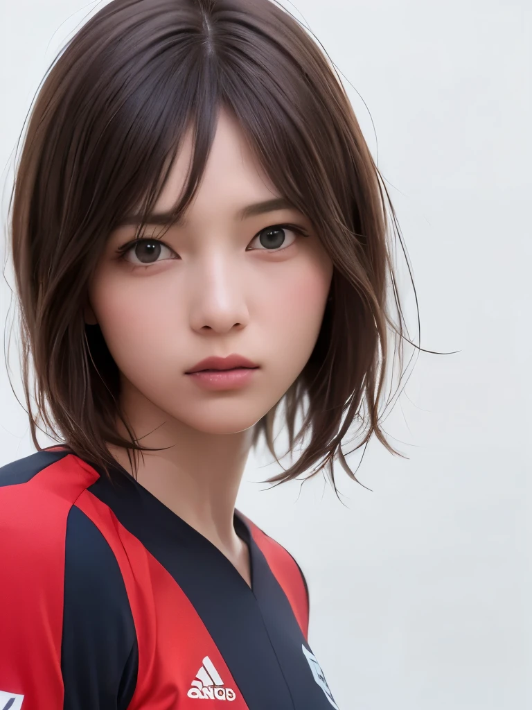 (highest quality、8k、32k、masterpiece)、(Realistic)、(Realistic:1.2)、(High resolution)、Very detailed、Very beautiful face and eyes、1 girl、Round and small face、Tight waist、Delicate body、(close、highest quality、Attention to detail、Rich skin detail)、(highest quality、8k、Oil paints:1.2)、(Realistic、Realistic:1.37)、Bright colors、(((Brown Hair)))、(((Upper Body Shot)))、(((Medium Hair)))、(((White wall background)))、(((Sad expression)))、(((Brown Hair)))、(((Soccer uniforms)))、(((黒とピンクのSoccer uniforms)))、Stripes々Clothes