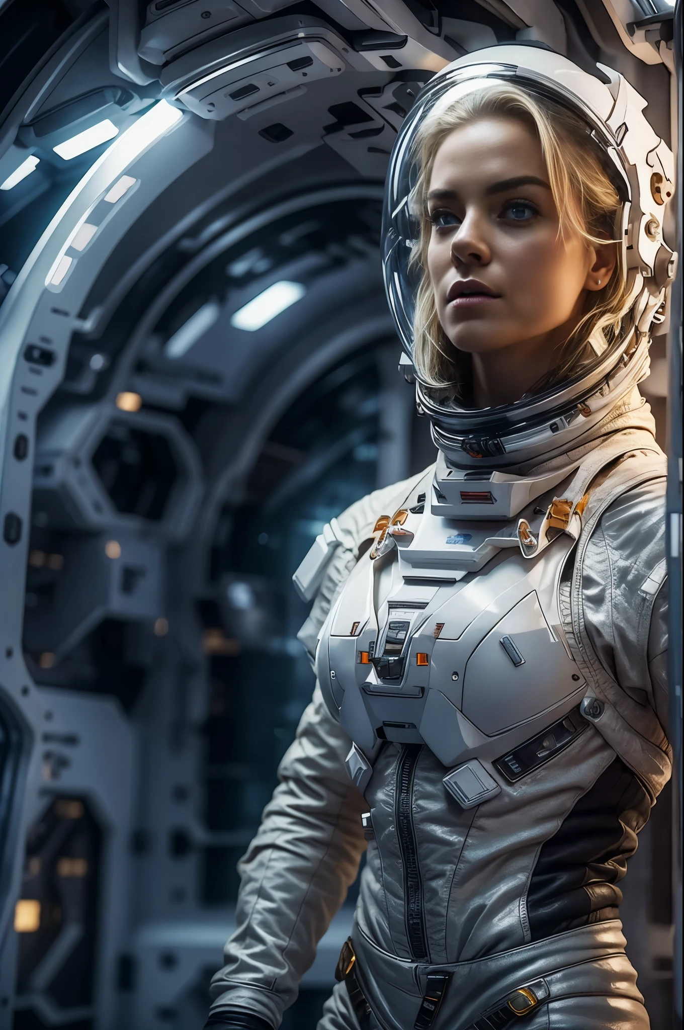 Masterpiece, a beautiful 2 German blonde girl, solitary female astronaut, desolated planet landscape, space and stars, electric atmosphere, utility belt, Metallic Gray Zinc, sci-fi, ultra high res.photorealistic, 16k, UHD, HDR, the best quality, body-tight astronaut suit, intricate, the most fantastic details, RAW, dramatic lighting, full body, beautiful face, thin face, ultra high detailed blue-grey eyes, ultra high detailed face, blonde hair with bun, space ships in the sky, realistic reflections, sunrise, to scale, , determined, dynamic posture, a space military compound in the background