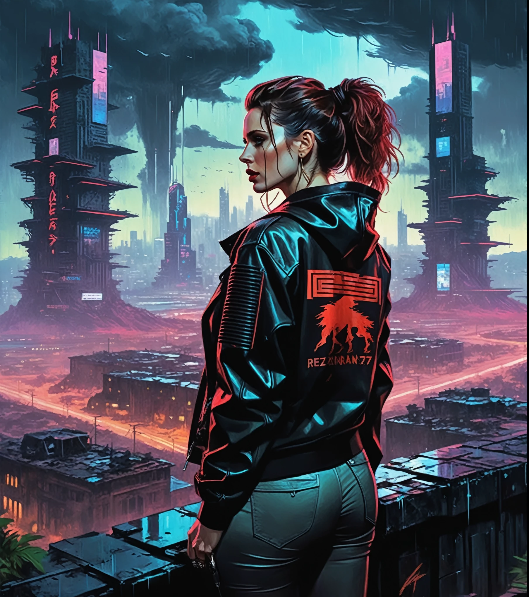 (Felicidad Jones,Una chica con una cara hermosa.), Noche, ciberpunk city, dark, lloviendo, Luces de neón, ((Wearing a chaqueta de sport over a sudadera)), chaqueta de sport, sudadera,(ciberpunk 2077 cityscape), (S_ambiente 4poXL,neowrsk,Gaint,enorme ), ciberpunk 2077, ciberpunk, onda sintetizada, década de 1980, futurismo, brutalism, neuromante, foto cinematográfica,, parado en la distancia,,Entre las ruinas de una fortaleza que alguna vez fue majestuosa, un soldado hace una pausa, su silueta fantasmal contra el telón de fondo de terrenos cambiantes que oscilan entre mapas de batalla detallados y paisajes fundidos., tornado, árboles estériles, amenazador,,Cabello detallado, mohicano, cabello rojo,((arte de RezsQ Blint))