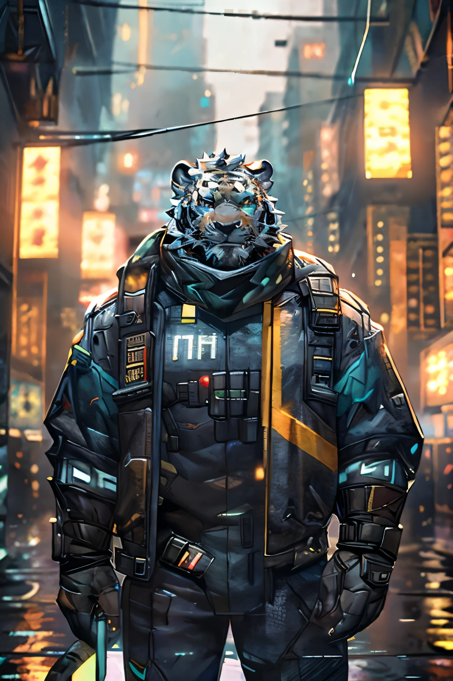 Black police uniform，Rainy Day，strong，Male Black Tiger Orc，Grey scarf，Full body painting，Cyberpunk，Facing the camera