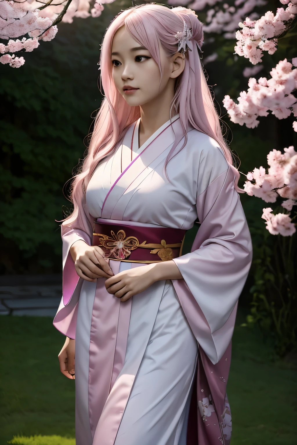 Um hiper-realista, Altamente detalhado, e imagem 16k de alta resolução de um jovem, lindo fantasma feminino ou espírito guardião. Ela tem cabelo rosa claro e pele translúcida, e está vestido com um quimono tradicional japonês com um pequeno desenho de flor de cerejeira no obi. A imagem captura a beleza etérea e a mística do mundo espiritual. O estilo é inspirado na delicadeza, estética suave encontrada na arte tradicional japonesa.