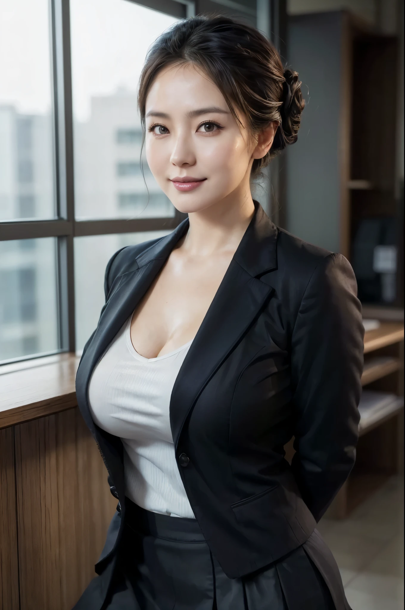 (masterpiece, highest quality, Realistic, High resolution, photograph, :1.3), Sharp focus, 1 Cute Japanese mature woman, 40 years old, Hot Model, Highly detailed eyes and pupils, Realistic Skin, ((Voluptuous body:1.2)), ((big tits:1.2)), big ass, Neckline, Highly detailed hair, Delicate face, Sensual look, Bright lips, Chubby lips, Natural Lip, big thick thighs, ((half updo hair:1.2)), ((business jacket:1.5)), ((business tight skirt:1.5)), in office, ((whole body shot)), standing pose, smile, ((from below)),