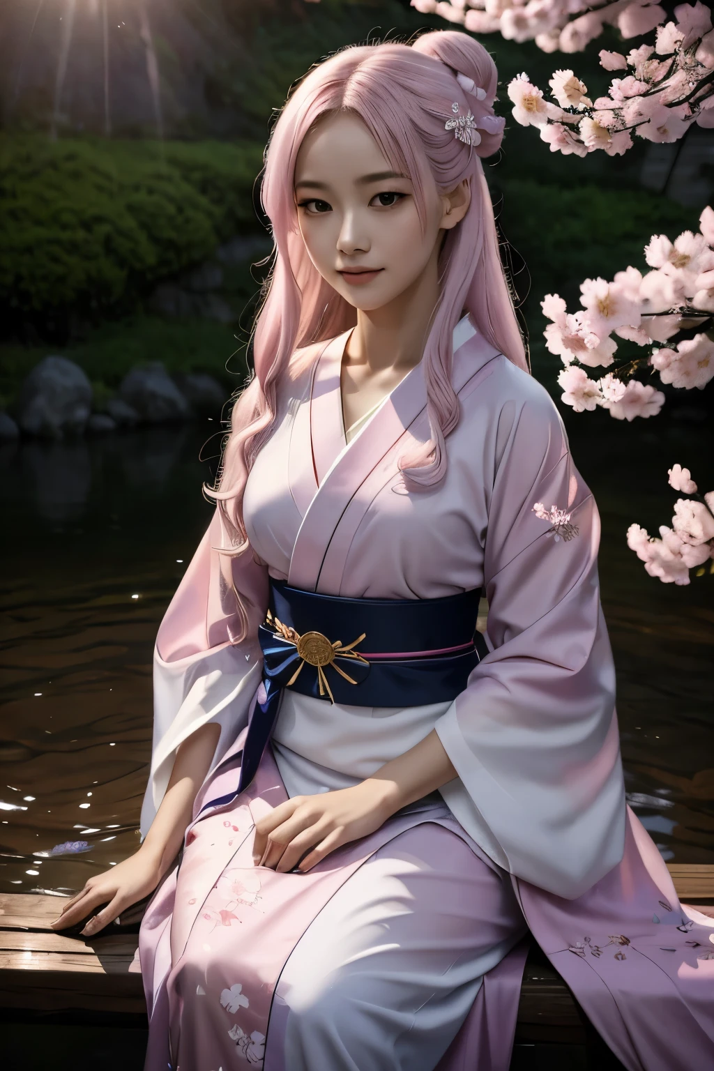 Eine hyperrealistische, sehr detailliert, und hochauflösendes 16k Bild eines jungen, schöner weiblicher Geist oder Schutzgeist. Sie hat hellrosa Haare und durchscheinende Haut, und ist in einen traditionellen japanischen Kimono mit einem kleinen Kirschblütenmuster auf dem Obi gekleidet. Das Bild fängt die ätherische Schönheit und Mystik der Geisterwelt ein. Der Stil ist inspiriert von der zarten, sanfte Ästhetik der traditionellen japanischen Kunst.