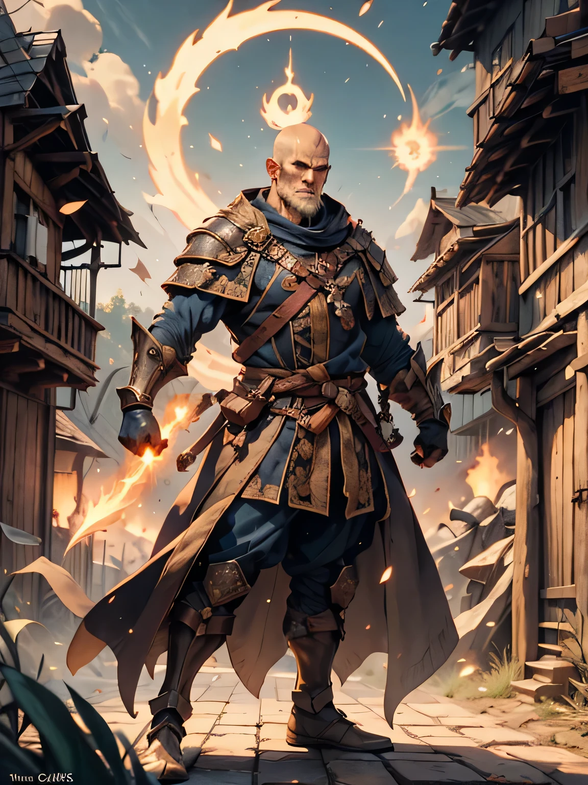 a medieval monk, his bald head reflecting the faint glow, stands at the ready. Dressed in simple but dignified robes befitting their position, their hands are raised in a defensive posture, prepared to fend off any opponent. His eyes, serene but focused, scan the shadows for signs of danger. You will release the disciplined fury