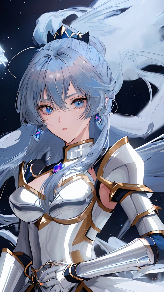 Personaje de anime con cabello azul y armadura en el espacio con estrellas., caballeros de la chica del zodiaco, portrait caballeros de la chica del zodiaco, Saint Seiya, en armadura de ópalo, Armadura reflejada en el color del hielo plateado., inspirado en Matsumura Goshun, Armadura azul hielo y plata , armadura azul pálido, con armadura brillante, vestido con una armadura de batalla etérea,cubierto con una armadura plateada completa