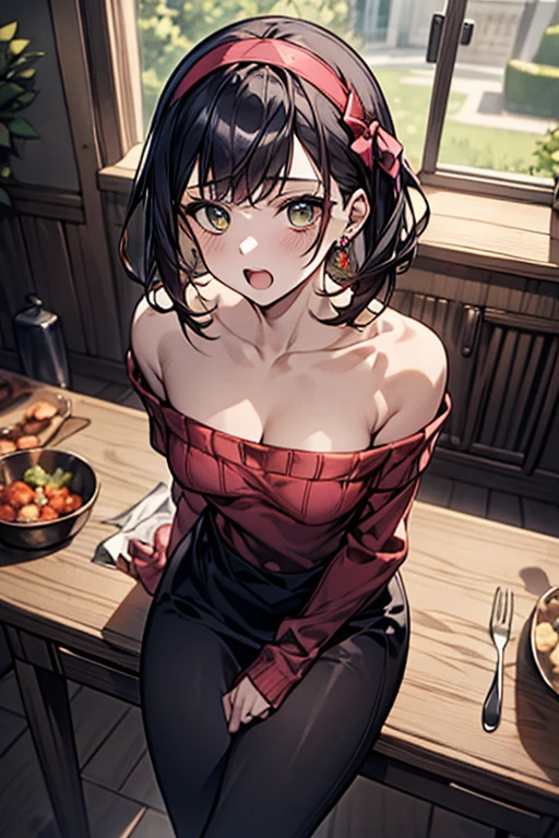 (small breasts:1.3), (perky chest:1.1), (pointed chest:1.0), (flowers magazine cover:1.3)，(from above:1.2),(from side:0.9),masterpiece, a 18yo girl, Amazing Cleavage:1.1, thin waist, big ass, Raised sexy, small breast: 1.3, posed cleavage:1.2, open mouth, have a cute grass of cute beergrass,black hair, dark green eyes, dress, bare shoulders, jewelry, collarbone, sidelocks, hairband, earrings, indoors, off shoulder sweater:1.1, arms behind back, plant, short hair with long locks, gild hairband, off-shoulder dress, sweater dress, off-shoulder sweater, red sweater, dark gord hair, big side hair, very long side hair,is rendered in (masterpiece: 1.2, best quality), with (ultra high resolution) and an exquisite (depth of field). This masterpiece is not only visually stunning but also tells,A scene of cooking in the kitchen by classroom,looking at viewer,
