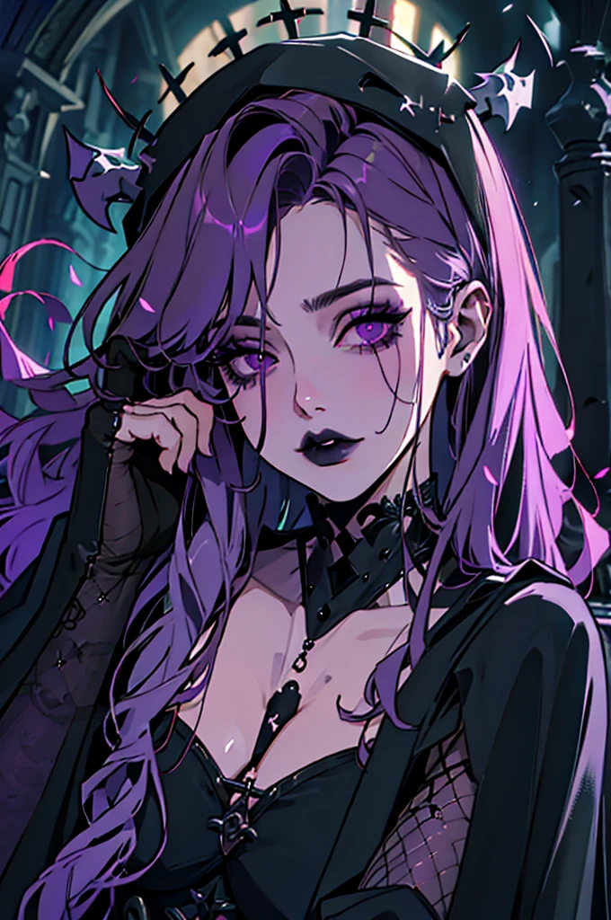 1girl, necromancer, dark robes, gloves, fishnets, dark veil, purple hair, purple eyes, black lipstick, in a graveyard, black flowers, gothic, horror, dynamic view