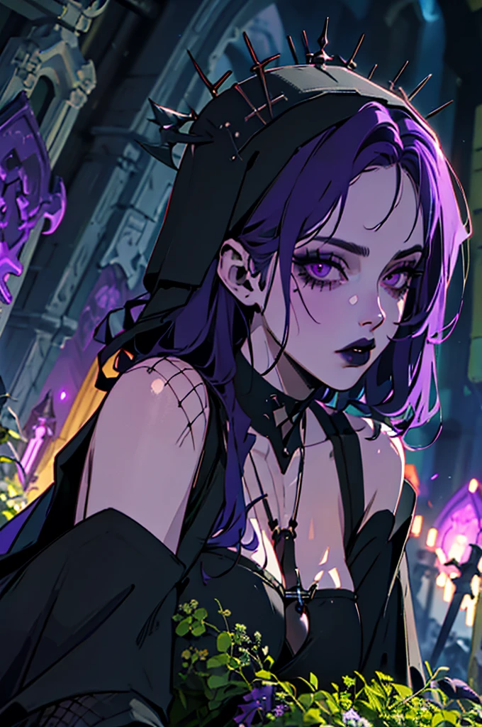 1girl, necromancer, dark robes, gloves, fishnets, dark veil, purple hair, purple eyes, black lipstick, in a graveyard, black flowers, gothic, horror, dynamic view