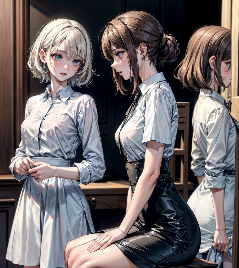 collared shirt dress, absurdres, RAW photo, extremely delicate and beautiful, masterpiece, Best Quality, ultra high resolution, 32k, hyperrealistic, ultra-detailed, detailed description, perfect figure, perfect shape, perfect anatomy, pale skin, 20 years old, detailed beautiful face and eyes, tearful mole, earring, short medium hair, wavy hair, yuri, 2 girls,