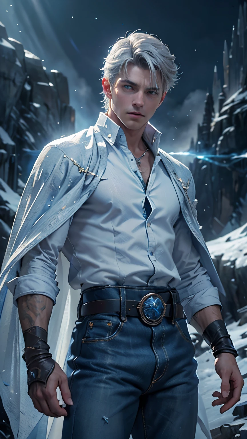 a young man, ice sorcerer, gray hair, gray eyes, blue cape, white shirt, beige pants, boots, gloves, belt, (best quality,4k,8k,highres,masterpiece:1.2),ultra-detailed,(realistic,photorealistic,photo-realistic:1.37),fantasy, magic, ice magic, cinematic lighting, dramatic, detailed facial features, dramatic pose, intricate details, atmospheric environment, fantastical landscape. ((White Shirt))((Blue jeans))((Blue aura))