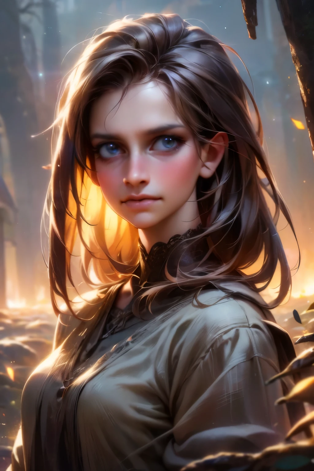 (best quality,4k,8k,highres,masterpiece:1.2),ultra-detailed,(realistic,photorealistic,photo-realistic:1.37),beautiful detailed eyes,beautiful detailed lips,extremely detailed eyes and face,longeyelashes,1 girl,portrait,fantasy landscape,magical forest,glowing fireflies,warm sunlight,dramatic lighting,vibrant colors,cinematic, cute face, pretty girl