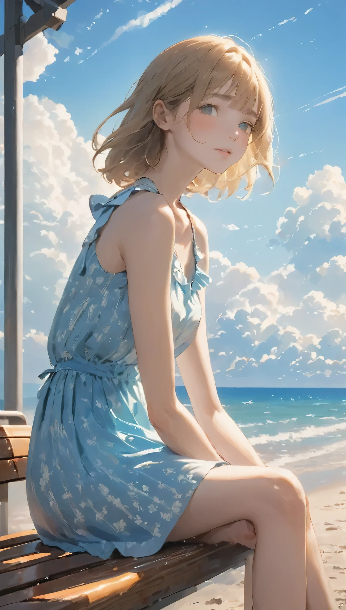 highest quality, Masseter muscle area、超A high resolution、High quality details、A woman was sitting on a bench , summer_dress, dressにプリントされたひまわり、Blurred Background、Cumulonimbus clouds in the distance