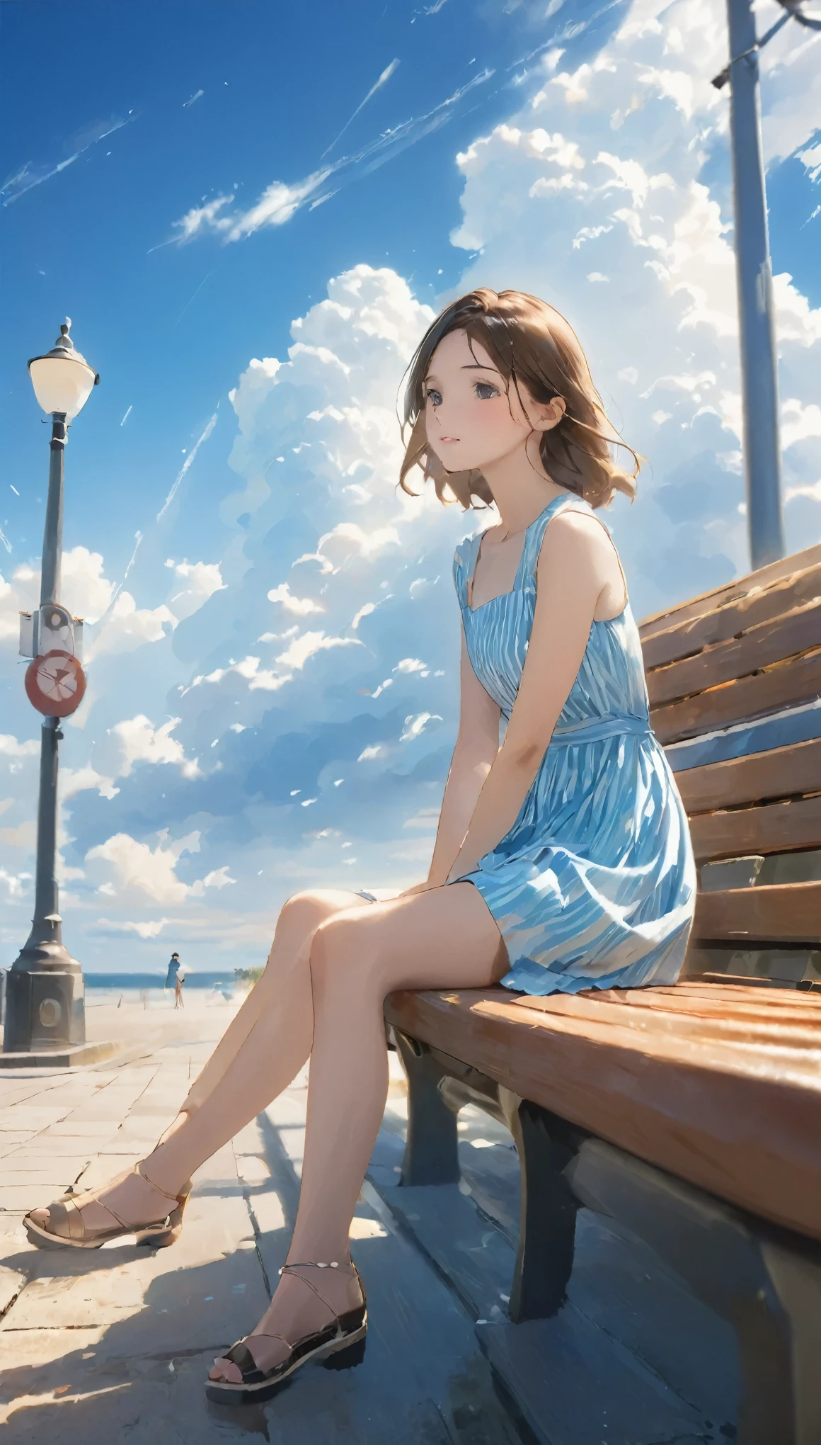 highest quality, Masseter muscle area、超A high resolution、High quality details、A woman was sitting on a bench , summer_dress, dressにプリントされたひまわり、Blurred Background、Cumulonimbus clouds in the distance