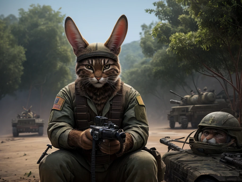 Hallucination, daydream , Bokeh , cat shit one , Vietnam War , (rabbit ear American soldier and cat ear  Vietnamese guerrilla) , hairy fur , day time bush , War Movie climax scene