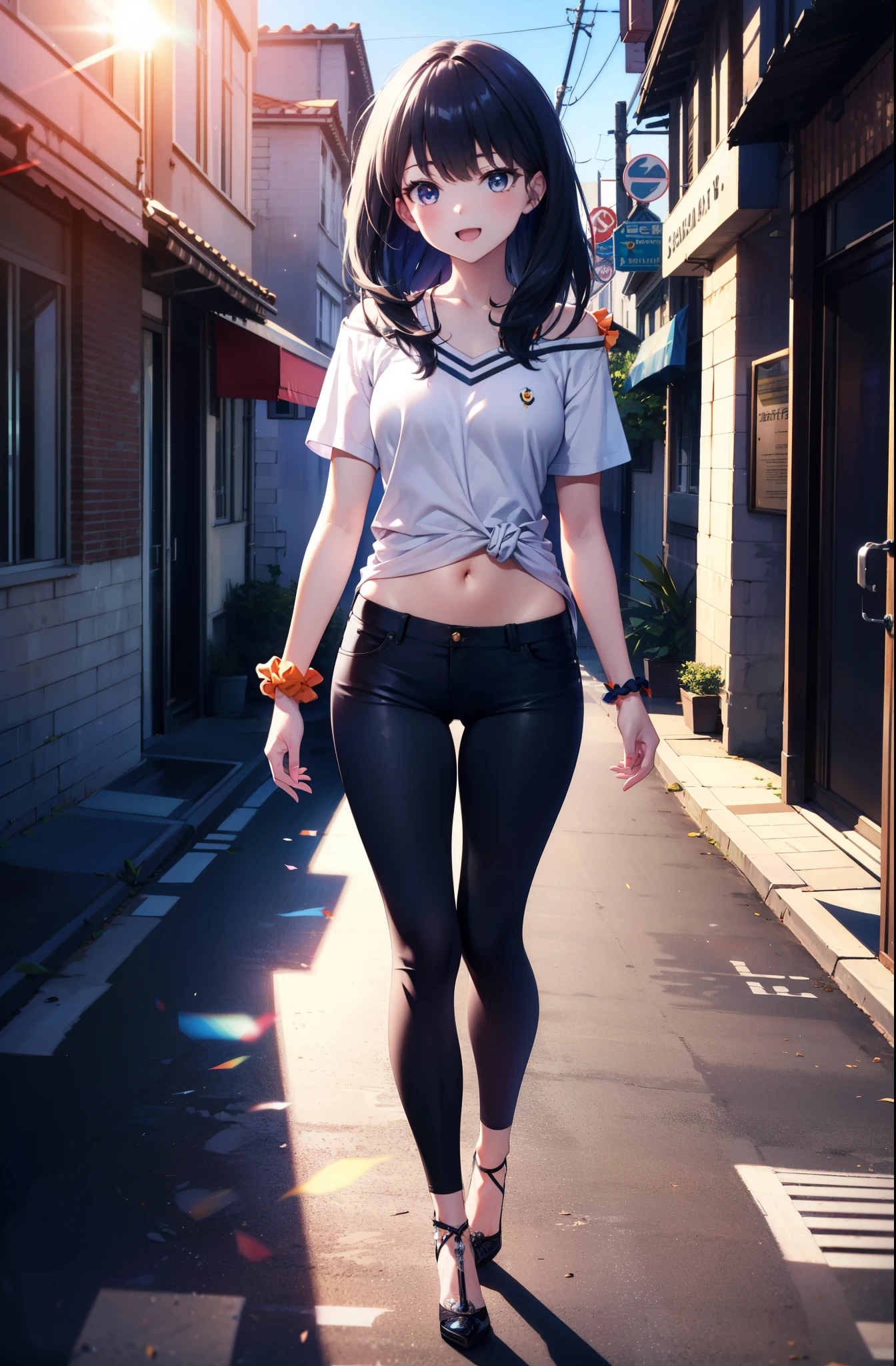 Rikka body, rikka takarada, Black Hair, blue eyes, Long Hair, orange Scrunchie, Scrunchie, wrist Scrunchie,happy smile, smile, Open your mouth,Cold shoulder tops,Short sleeve,skinny pants,Stiletto heels,Walking,morning,morning陽,The sun is rising,So that the whole body goes into the illustration,
Destroy outdoors, In town,Building district,
壊す looking at viewer, Systemic
break (masterpiece:1.2), highest quality, High resolution, unity 8k wallpaper, (figure:0.8), (Beautiful fine details:1.6), Highly detailed face, Perfect lighting, Highly detailed CG, (Perfect hands, Perfect Anatomy),