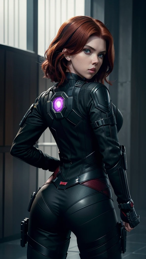 Scarlett Johansson, in her iconic role as Black Widow (Natasha Romanoff), is depicted wearing her sleek, black tactical suit, which accentuates her agility and strength. Her red hair is styled in soft waves, adding a touch of elegance to her fierce persona. As she looks back over her shoulder, her intense, piercing eyes convey a mix of determination and alertness. The pose highlights her readiness for action, capturing the essence of her character's blend of grace and lethal skill. The scene often shows her in a dynamic environment, ready to face whatever comes next, embodying the essence of a seasoned Avenger, Back view(focus on her butt).