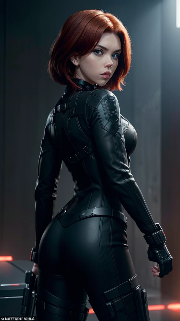 Scarlett Johansson, in her iconic role as Black Widow (Natasha Romanoff), is depicted wearing her sleek, black tactical suit, which accentuates her agility and strength. Her red hair is styled in soft waves, adding a touch of elegance to her fierce persona. As she looks back over her shoulder, her intense, piercing eyes convey a mix of determination and alertness. The pose highlights her readiness for action, capturing the essence of her character's blend of grace and lethal skill. The scene often shows her in a dynamic environment, ready to face whatever comes next, embodying the essence of a seasoned Avenger, Back view(focus on her butt).