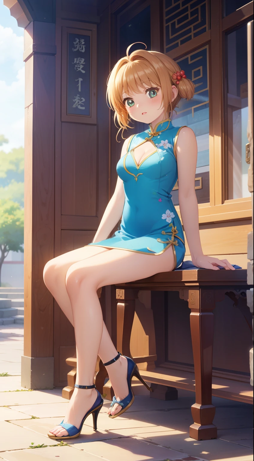 masterpiece, best quality, highres, perfect pixel, depth of field, 1girl, single, solo, beautiful anime girl, beautiful artstyle, (detailed face), (blush), anime CG style, (medium breasts), good lighting, perfect body, lips parted, (sakura kinomoto), glossy lips, (sleeveless cheongsam), cleavage, (high heels), sitting