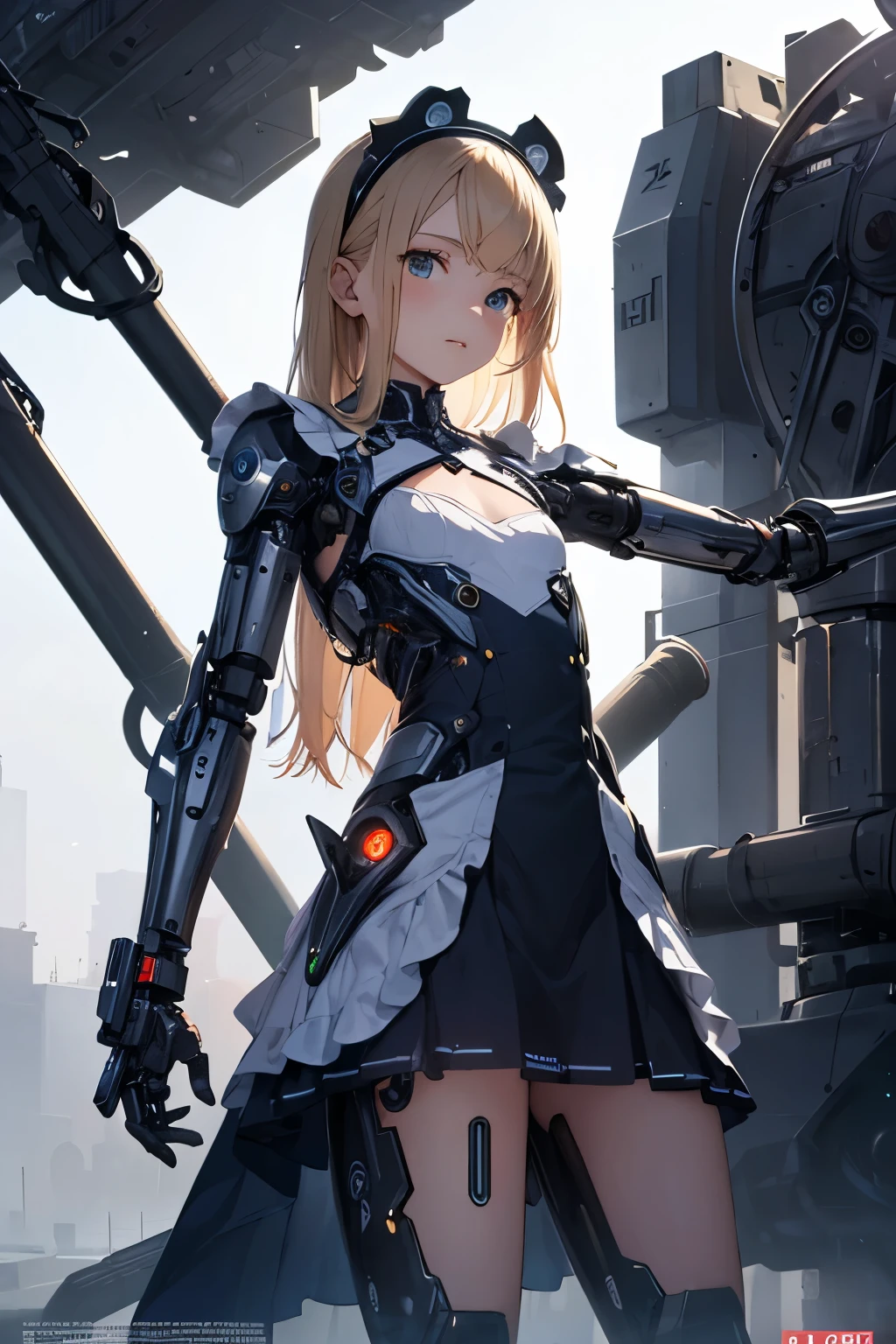   girl ,girl 12 year old  , futuristic maid suit with , red canon,flat  chest ,long blonde hair frinje ,(loli body), mechanic-headband,led blue  best quality, 8k ,black maid uniform , vitorian Maid dress , Cyborg arms. Mechanical Limbs Metal,  Mechanical legs .