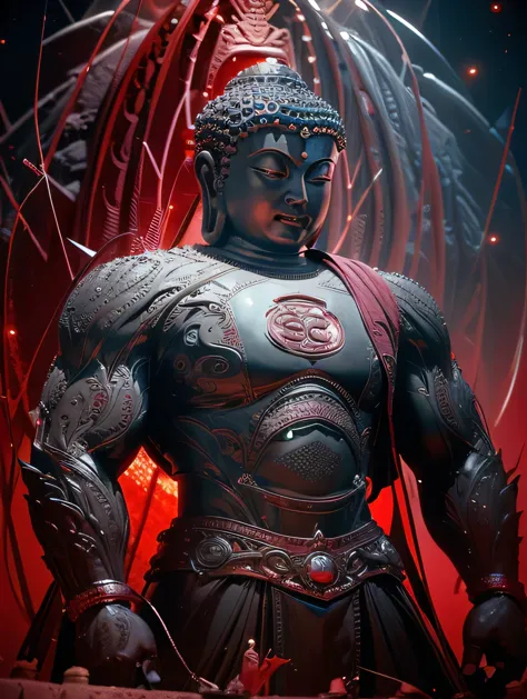 a strong and muscular buddha, Set your moves against the devil on an iron lotus, detailed and realistic, cinematic lighting, vib...
