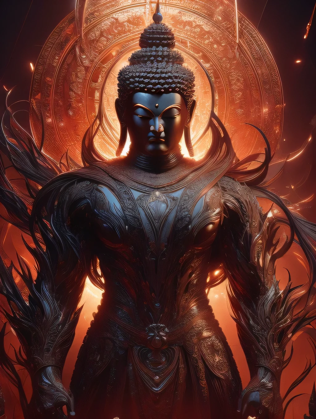 Un buda fuerte y musculoso, Dirige tus movimientos contra el diablo sobre un loto de hierro., detallado y realista, iluminación cinematográfica, Colores vibrantes, composición dramática, muy detallado, Fotorrealista, Arte digital galardonado, detalles intrincados, 8K, mejor calidad, obra maestra, buda luchando contra el mal 