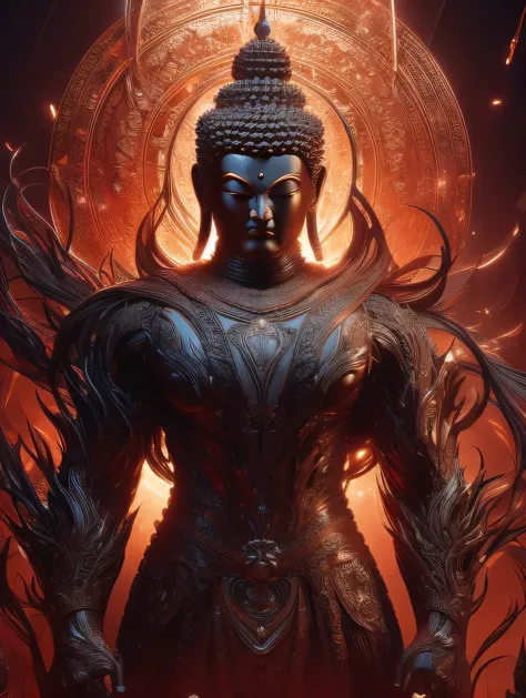 a strong and muscular buddha, Set your moves against the devil on an iron lotus, detailed and realistic, cinematic lighting, vib...