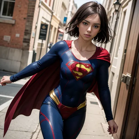 solo, 1girl, 5uper, supergirl, black hair, pixie haircut, blue eyes, blue bodysuit, long sleeves, red cape, 