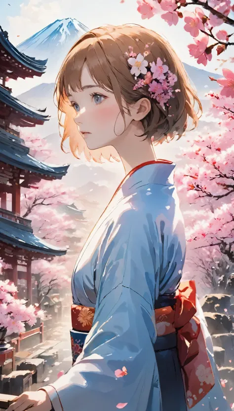 masterpiece, high quality, very detailed, woman, short hair, hairpin, kimono, spring flower, the wind is strong, open the shrine...