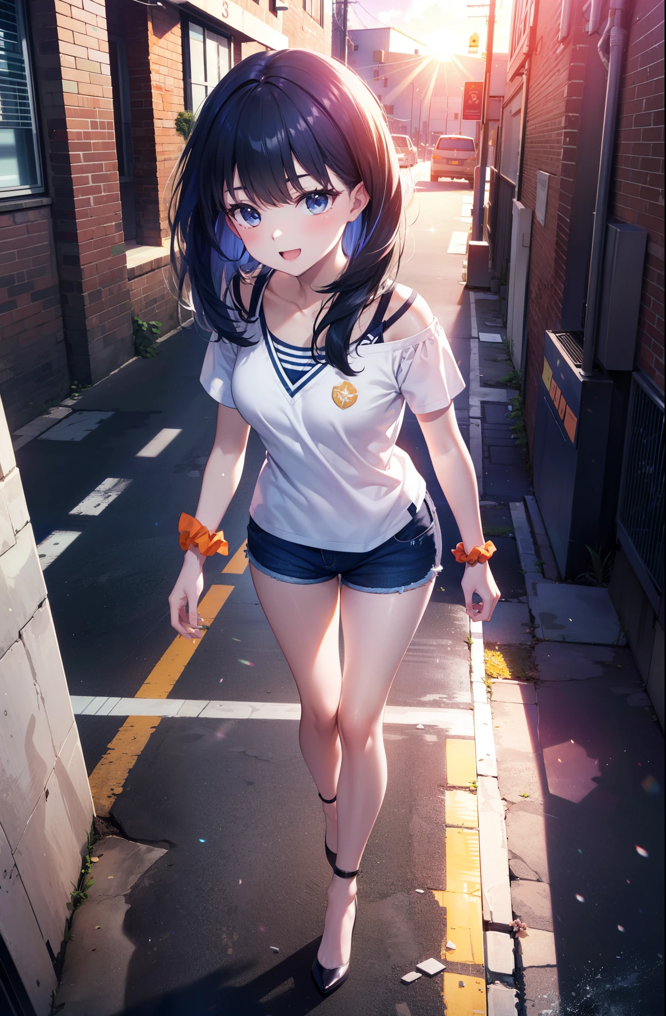 Rikka body, rikka takarada, Black Hair, blue eyes, Long Hair, orange Scrunchie, Scrunchie, wrist Scrunchie,happy smile, smile, Open your mouth,Cold shoulder tops,Short sleeve,Shorts,Stiletto heels,Walking,morning,morning陽,The sun is rising,So that the whole body goes into the illustration,Looking down from above,
Destroy outdoors, In town,Building district,
壊す looking at viewer, Systemic
break (masterpiece:1.2), highest quality, High resolution, unity 8k wallpaper, (figure:0.8), (Beautiful fine details:1.6), Highly detailed face, Perfect lighting, Highly detailed CG, (Perfect hands, Perfect Anatomy),