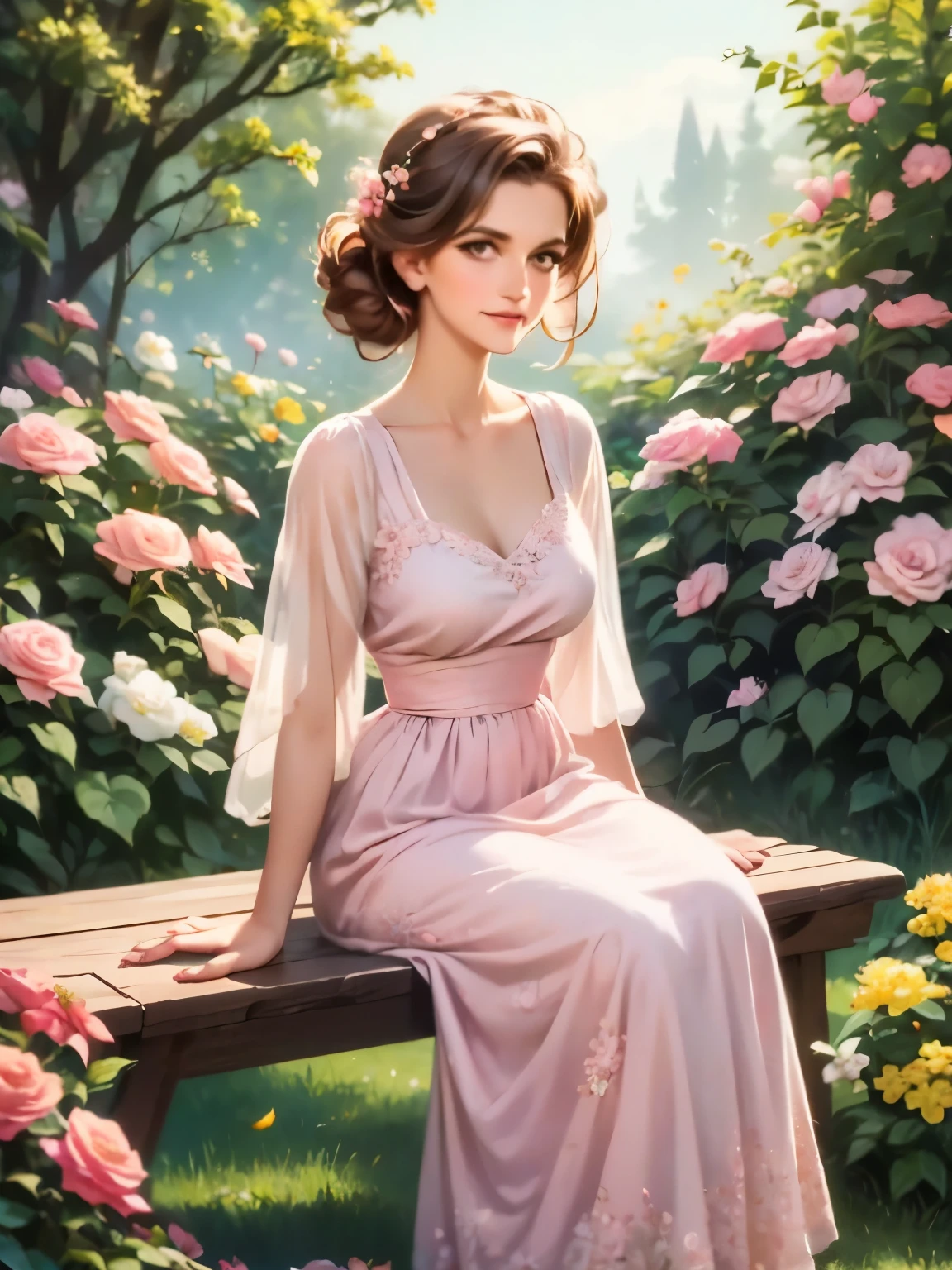 arafed woman 穿著裙子 sitting on a bench in a garden, Evaline Ness 拍攝的彩色照片, flickr, 浪漫主義, 1 9 5 0 s 风格, 5 0 s 风格, 50 年代風格, dressed in a 花朵連身裙, 身穿粉紅色碎花長裙, 花朵連身裙, 穿著一件漂亮的衣服, 穿著裙子, retro 5 0 s 风格