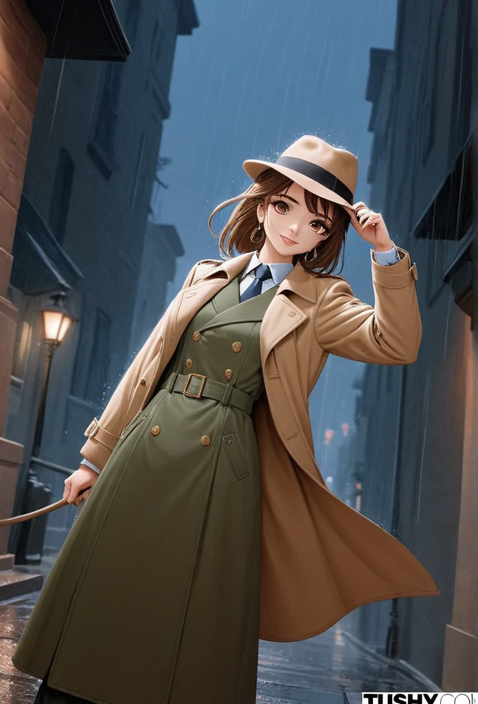 detailed illustration (side view),dynamic angle,ultra-detailed, illustration, pose for the camera, smiling at viewer, clean line art, shading, anime, 2020’s anime style, detailed eyes, detailed face, beautiful face standing on a sidewalk,

Detective, trench coat, fedora hat, Johnny dollar inspired, Philip Marlow inspired, 1940’s, woman, in a suit a coat, night, rain, brown hair, hard boiled, female fatale vibes.