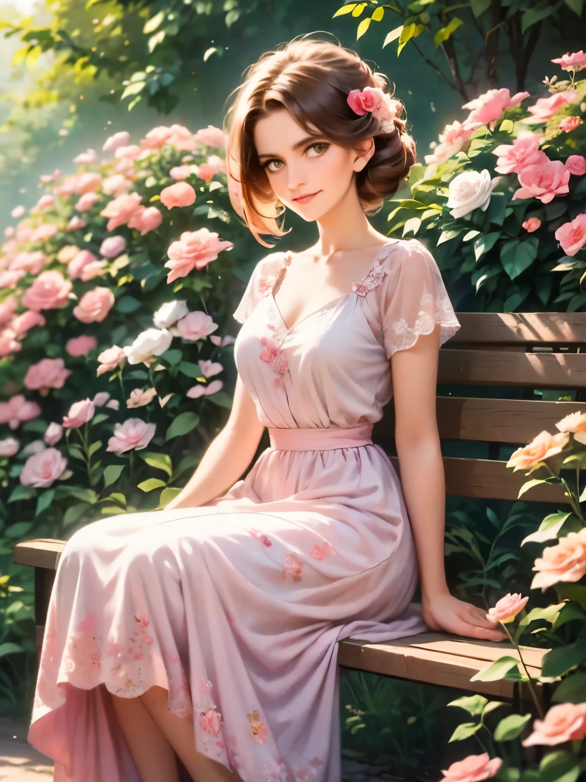 arafed woman in a dress sitting on a bench in a garden, a colorized photo by Evaline Ness, flickr, romanticism, 1 9 5 0 s style, 5 0 s style, 50s style, dressed in a flower dress, wearing pink floral gown, flower dress, wearing a wonderful dress, in a dress, retro 5 0 s style
