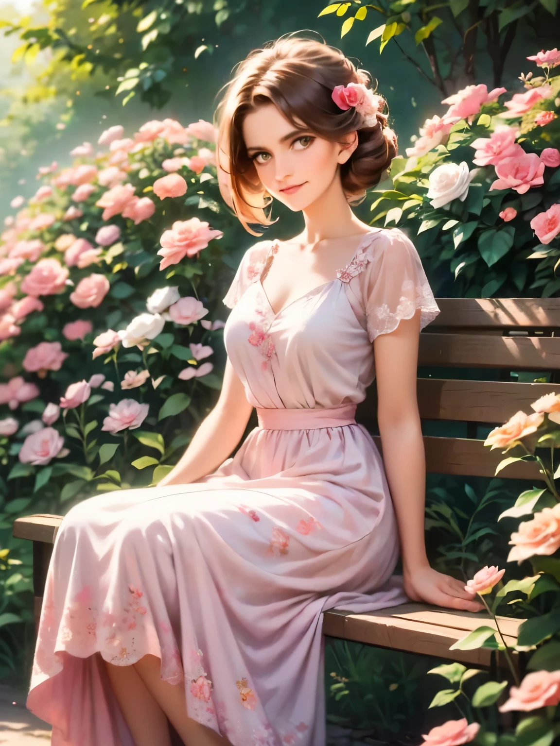 arafed woman en un vestido sitting on a bench in a garden, una foto coloreada por Evaline Ness, Flickr, romanticismo, 1 9 estilo 50s, estilo 50s, estilo años 50, dressed in a vestido de flores, vistiendo un vestido floral rosa, vestido de flores, usando un vestido maravilloso, en un vestido, retro estilo 50s