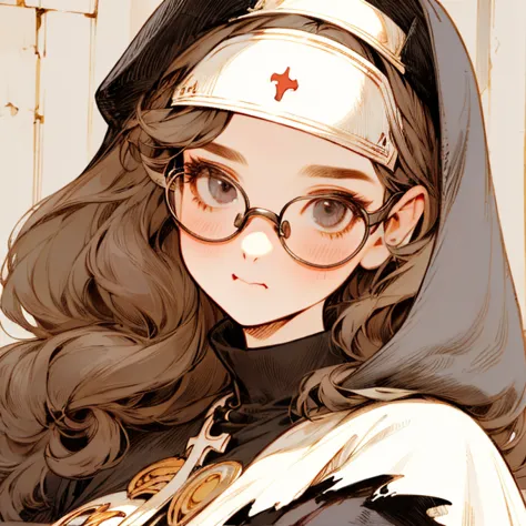 (highest quality:1.2,Absurd,Realistic,Detailed face)，1 girl，Nuns,church,Alternative Hairstyles,Detailed Background,Glasses,Very ...