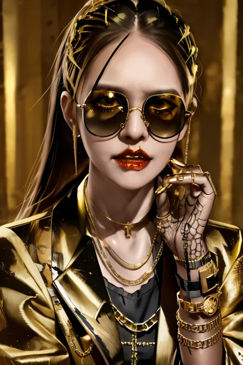 frankenstein girl monster, rotten, with black glasses, gold watch, thick gold chains, wearing old suit, ((hyper detailed)), (not...