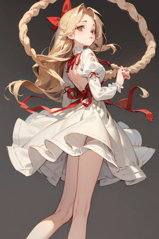 ((, Masterpiece: 1.5, best quality, high resolution: 1.3, super resolution, super detailed, ultra detailed: 1.3, Perfect Anatomy: 1.5, 1 woman) pale skin + fress blonde long hair + brown eyes + long eyelashes + figure feminine + ball doll features (simple dress with low back, ribbons on her legs, doll rope on her back) ((adorable open eyes, cute confused expression))