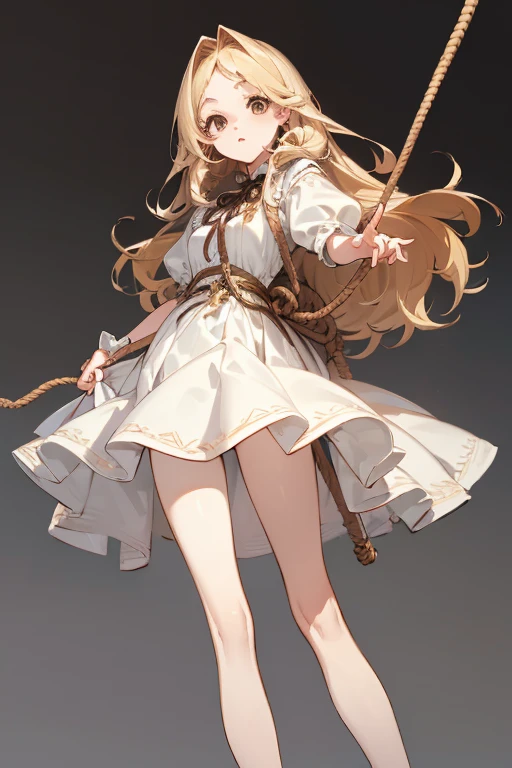 ((, Masterpiece: 1.5, best quality, high resolution: 1.3, super resolution, super detailed, ultra detailed: 1.3, Perfect Anatomy: 1.5, 1 woman) pale skin + fress blonde long hair + brown eyes + long eyelashes + figure feminine + ball doll features (simple dress with low back, ribbons on her legs, voice box rope) ((adorable open eyes, cute confused expression))