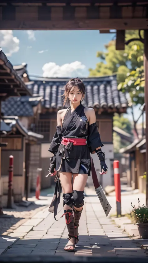 ((the background is the village of shinobi:1.5)、female ninja training in the village)、(realistic、like a photograph、live action、8...