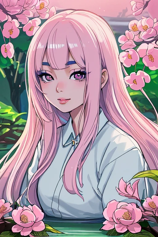 dynamic view, photogenic, anime, detailed, intricate details, soft light, Asian garden, close-up of a girl with long hair and a white shirt, 12 years old, Korean, pale, delicate face, blue makeup over her eyes and lip gloss pink on the lips, subtle sensuality, gentle smile,