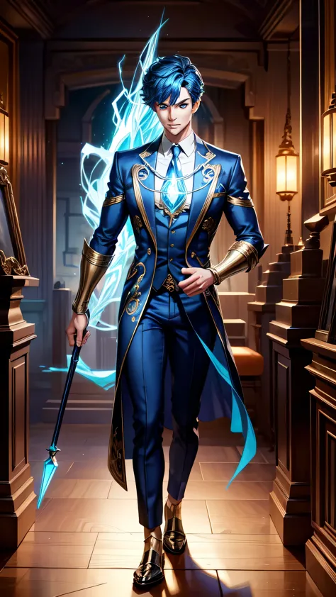 a male shop clerk with elemental powers, detailed face, beautiful blue eyes, handsome features, staff of elemental powers, glowi...