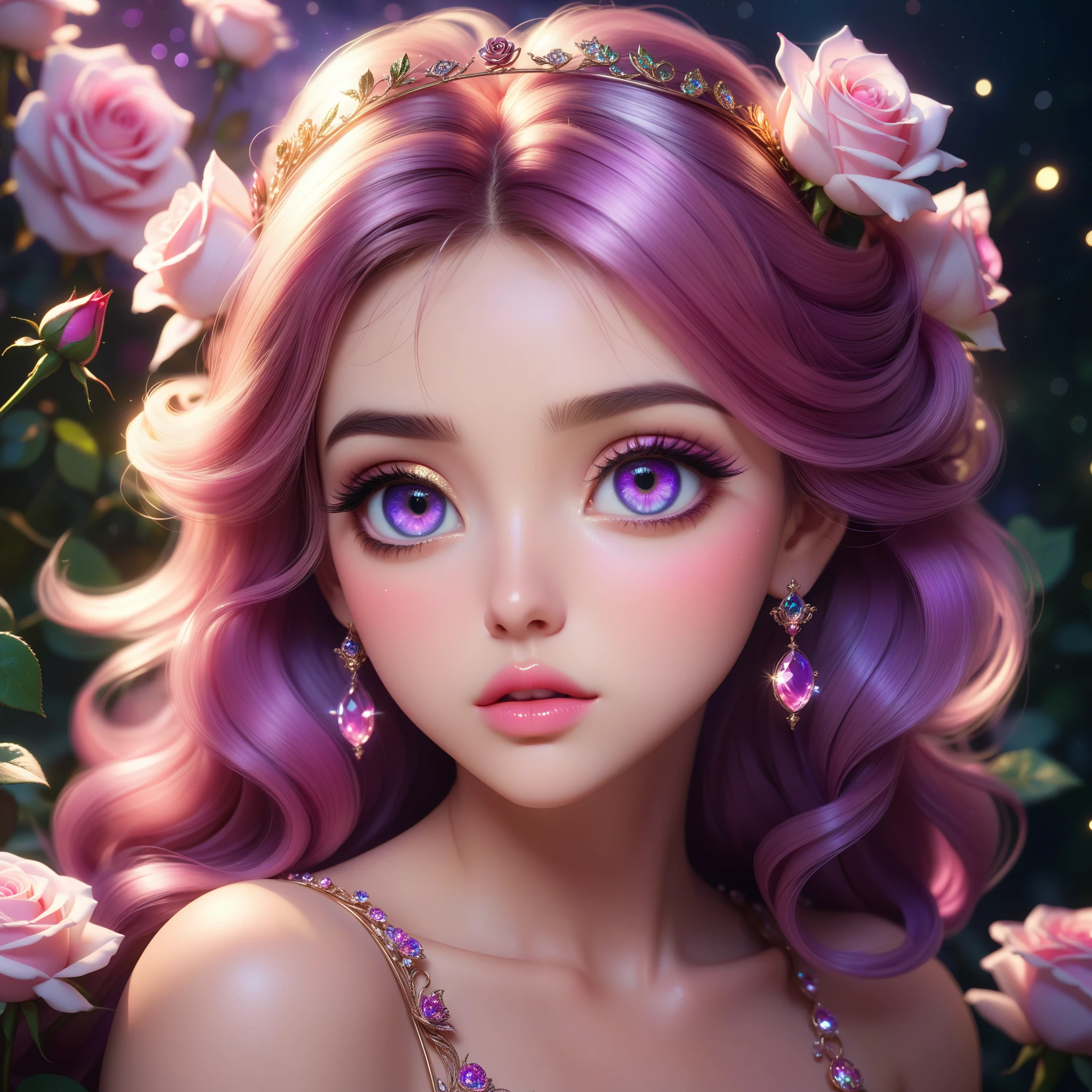 (This is a beautiful, soft, ethereal, and (romantic) fantasy image with a persistent pink aura, fairytale fantasy elements, and a lovely color palette.) Generate a beautiful  fairy woman with beautiful puffy lips and beautiful detailed eyes. Her glossy curled hair is realistically detailed and her (ringed eyes) are interesting and colorful. Surround her with eternal roses in shimmering shades of pink and purple. Ensure perfection in her face, hair, and eyes. Include luminous flowers and detailed roses. Utilize dynamic composition and dramatic lighting and cinematic lighting to create an interesting fantasy image. The background of the image is interesting and ultra-detailed, with soft fantasy lighting and gradients. English rose, princess, sweet, lovely, shimmering, glimmering, glittering, astrological fantasy, (((masterpiece))), (highest quality), beautiful eyes, perfect puffy lips, jewel tones, luminosity.  8k, Unreal Engine 5, octane render, trending on pixiv, fanbox, skeb, masterpiece, detailed face, smooth soft skin, big dreamy eyes, beautiful intricate colored hair, anime wide eyes, soft lighting, concept art, digital painting,
