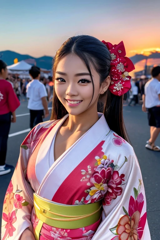 look at camera,(((top quality, 8k, masterpiece))), crisp focus, (beautiful girl with perfect muscular figure), vascular, (hairstyle: up)), ((kimono: Kara)), street: 1.2 Highly detailed face and skin texture Detailed eyes Double eyelids random posture, (smile),IFBB teen Female bodybuilder, super cute Japan girl,super beauty Japanese girl, realistic face, double eyelid,smile,summer festival , at sunset , beautiful tooth , fire-works back-ground.