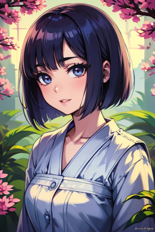 dynamic view, photogenic, anime, detailed, intricate details, soft light, Asian garden, close-up of a girl with bob cut hair style and a white shirt, 7 years old, Chinese, pale, delicate face, blue makeup over her eyes and lip gloss pink on the lips, subtle sensuality, gentle smile,