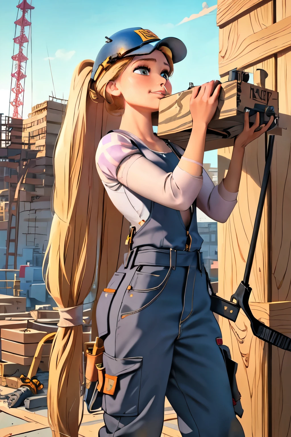 (masterpiece:1.2), (best quality), (ultra detailed), (8k, 4k, intricate),(highly detailed:1.2),(detailed face:1.2), (highly detailed background of construction site wth rebar and cranes),(portrait),detailed landscape,(action pose:1.2),rapunzel  1girl, solo, long hair, looking away from viewer, smile, blonde hair, long sleeves, dress, walking with urgency, side profile of entire body walking, side view of face, very long hair tied up, green eyes, carpenter, woodworker, construction worker, contractor 

Rapunzel portrayed as a construction worker, carrying a large long wooden beam on her shoulder, dressed in carpenters attire, baggy cargo overalls, suspenders, tools in pockets, safety goggles, work gloves, wearing a hardhat/safety helmet, durable work boots, knee pads, bandana, tattoos with floral and sun motifs visble, sweating from brow, determined smirk, holding woodworking tools, working on a construction site, tools and machinery are visble, curvy, beautiful 