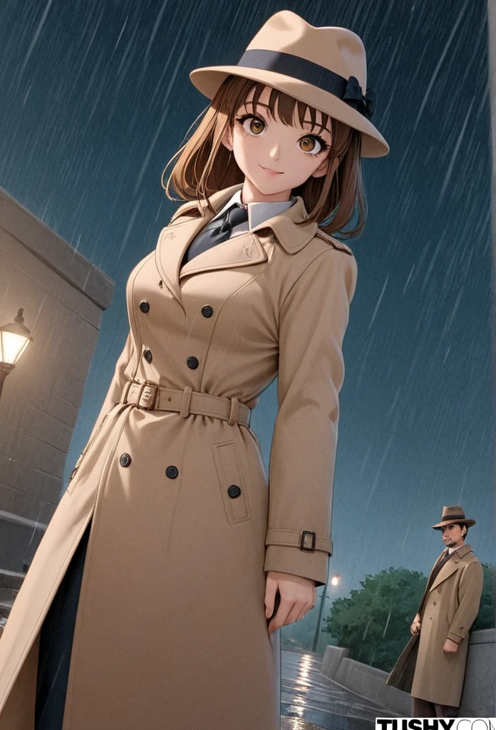 detailed illustration (side view),dynamic angle,ultra-detailed, illustration, pose for the camera, smiling at viewer, clean line art, shading, anime, 2020’s anime style, detailed eyes, detailed face, beautiful face standing on a sidewalk,

Detective, trench coat, fedora hat, Johnny dollar inspired, Philip Marlow inspired, 1940’s, woman, in a suit a coat, night, rain, brown hair, hard boiled, female fatale vibes.