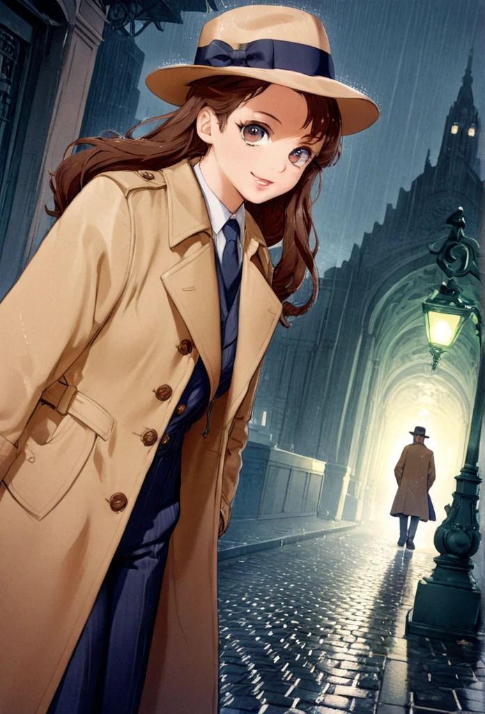 detailed illustration (side view),dynamic angle,ultra-detailed, illustration, pose for the camera, smiling at viewer, clean line art, shading, anime, 2020’s anime style, detailed eyes, detailed face, beautiful face standing on a sidewalk,

Detective, trench coat, fedora hat, Johnny dollar inspired, Philip Marlow inspired, 1940’s, woman, in a suit a coat, night, rain, brown hair, hard boiled, female fatale vibes.